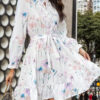 Wholesale Polyester Half Turtle Neck Tie Waist Floral Print Long Sleeve Dress