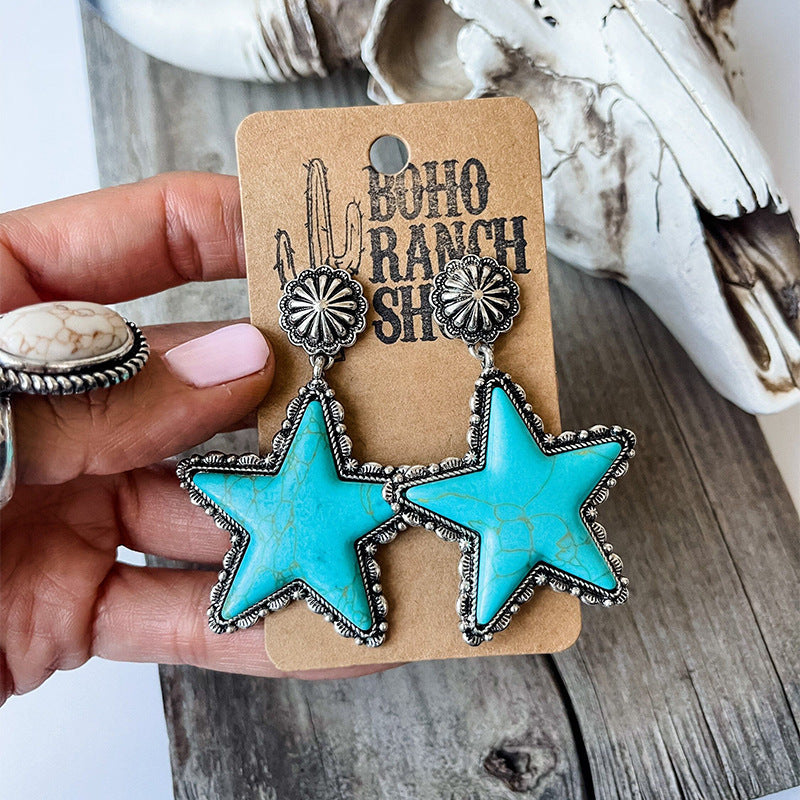Wholesale of Western Fengda Five-int Star Turquoise Alloy Earrings