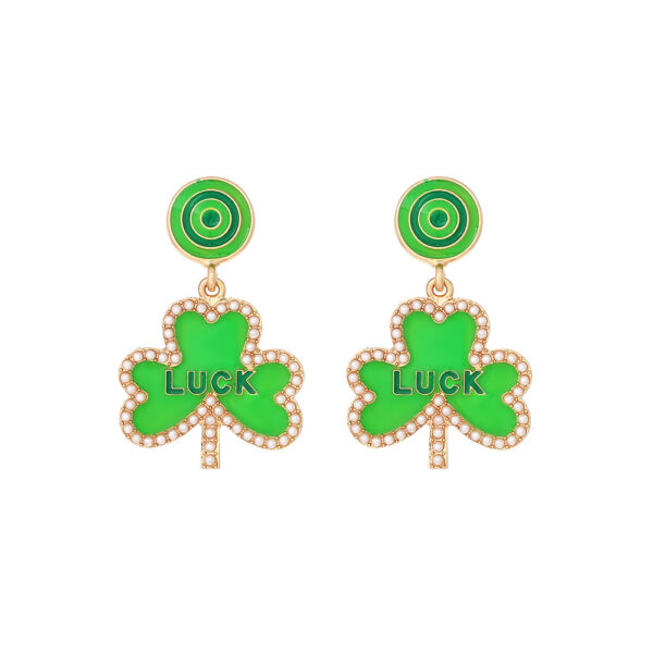 Wholesale St. Patrick's Four-leaf Clover Alloy Oil-drip Diamond LUCK Earrings