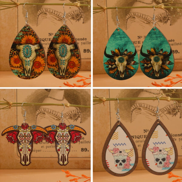 Wholesale Bull Head Water Drops Wooden Earrings