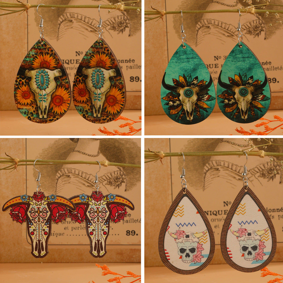 Wholesale Bull Head Water ops Wooden Earrings