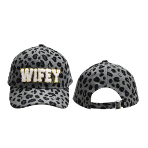 Gray leopard print-WIFEY corduroy baseball cap / Adjustable