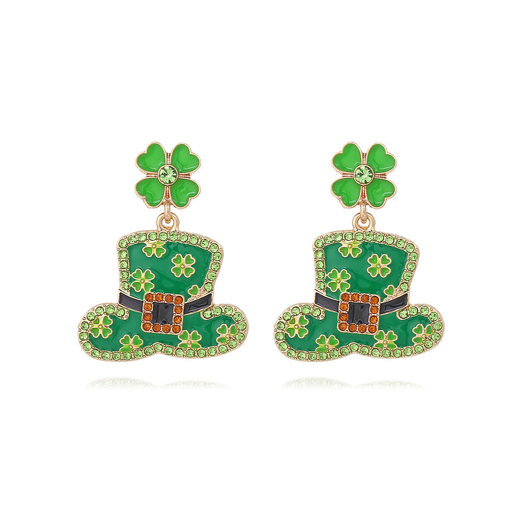 Wholesale St. Patrick's Clover Hat Alloy Oil op Diamond Earrings