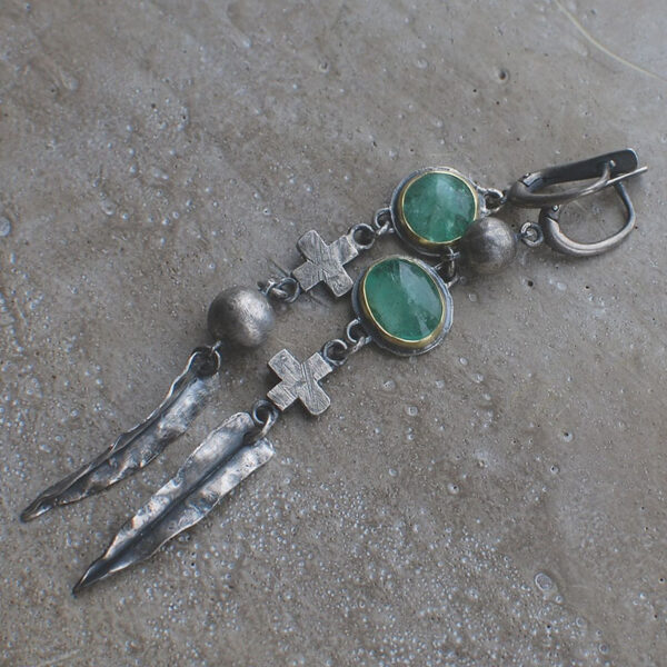 Wholesale Green Stone Cross Feather Metal Pendant Tassel Vintage Earrings