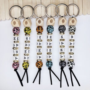 Wholesale MAMA Mother's Day Leopard Wood Bead Keychain