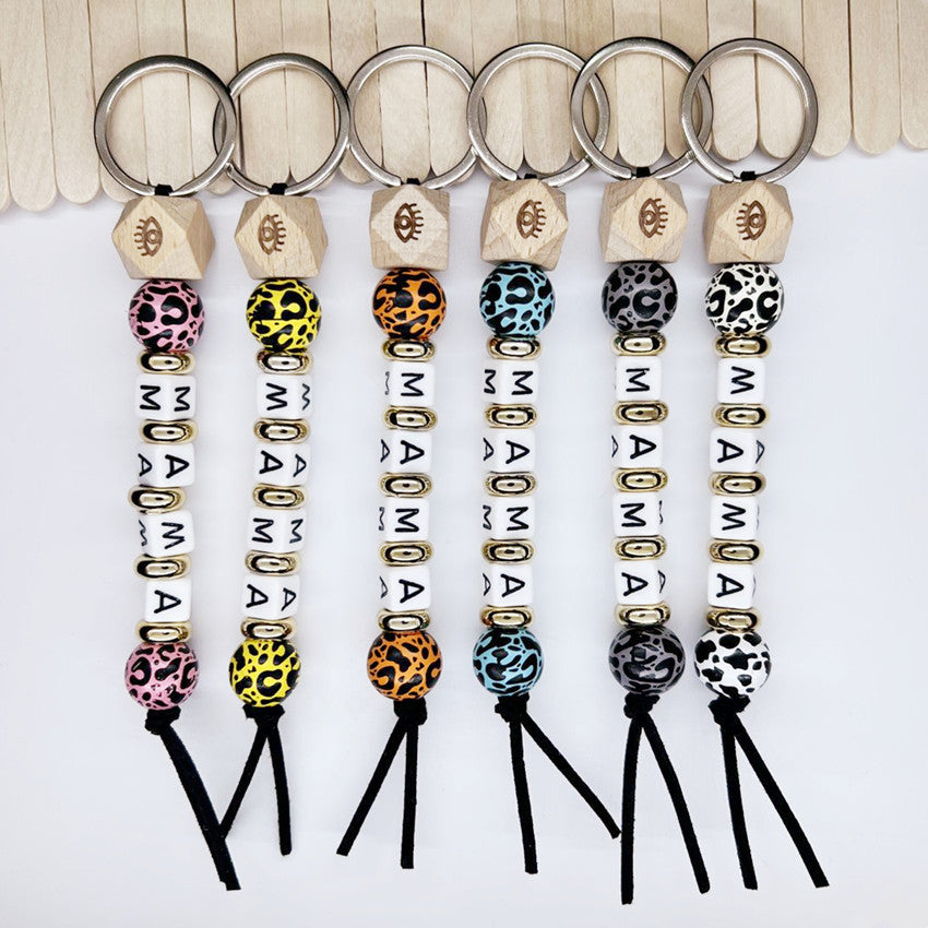 Wholesale MAMA Mother's Day Leopard Wood Bead Keychain