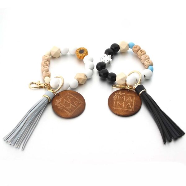 Wholesale Silicone Wooden Beads Leather Tassel MAMA Wrist Keychain