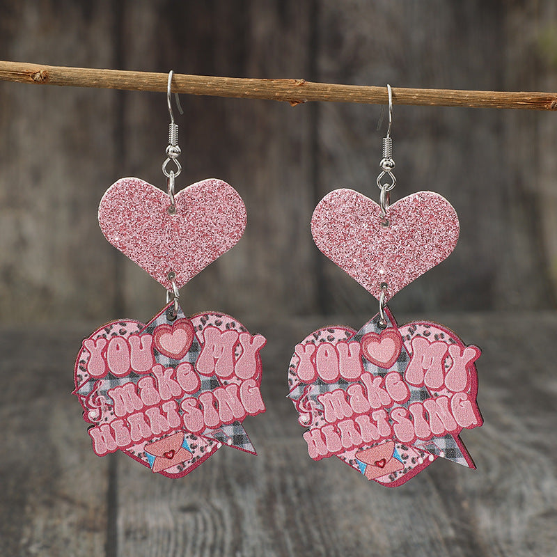 Wholesale Valentine's Day Cartoon Pink Glitter Heart Hanging Letter Leather Earrings