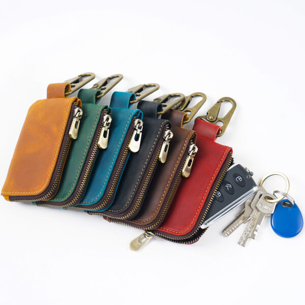 Wholesale Cowhide Waist Hanging Portable Zipper Storage Bag Leather Keychain