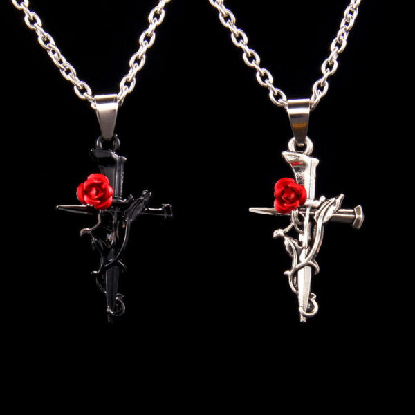 Wholesale gothic red rose cross vintage stainless steel necklace
