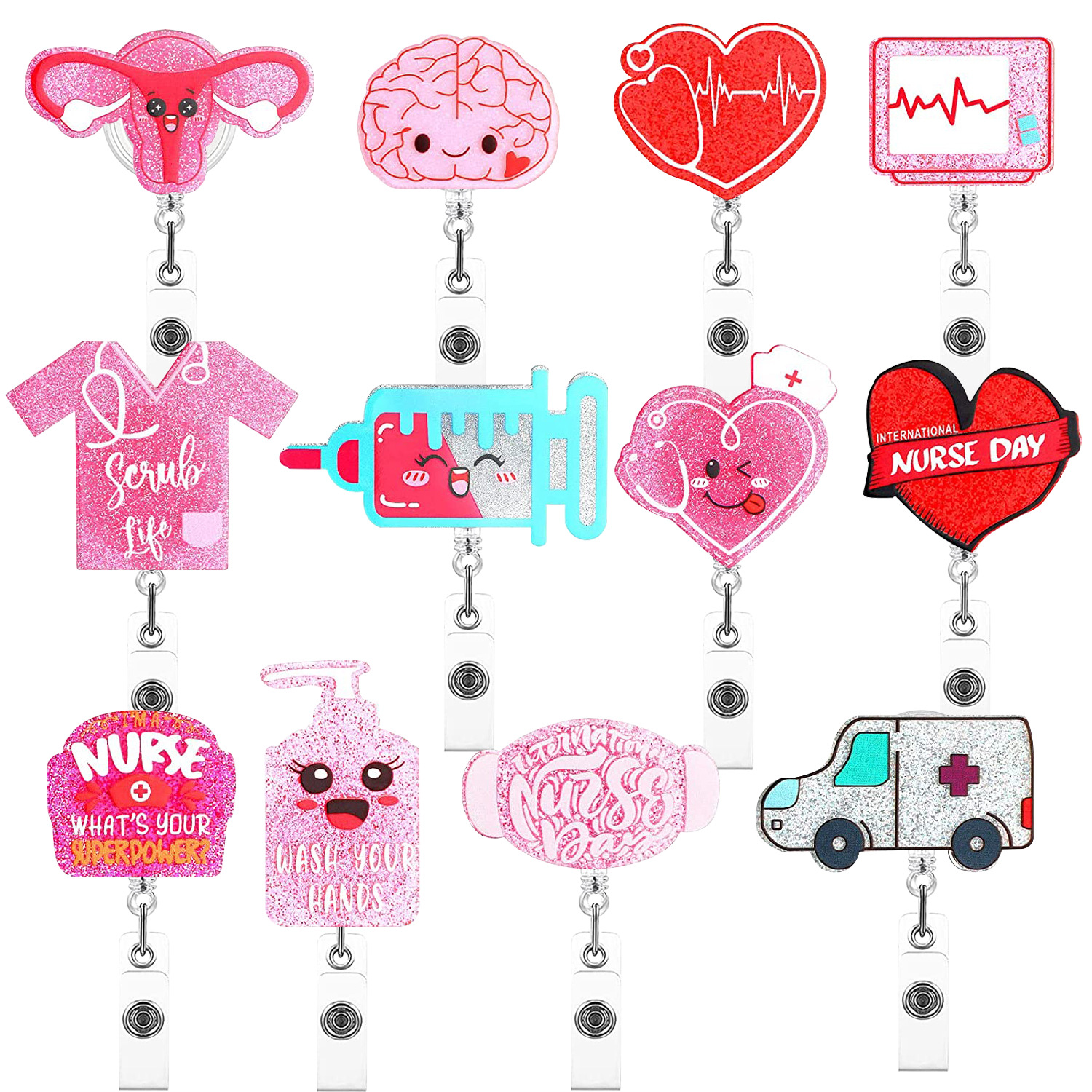 Wholesale Acrylic Uterine Love Clothes Needle Mask Easy Pull Buckle Easy Pull Doctor Nurse Retractable Badge Reel