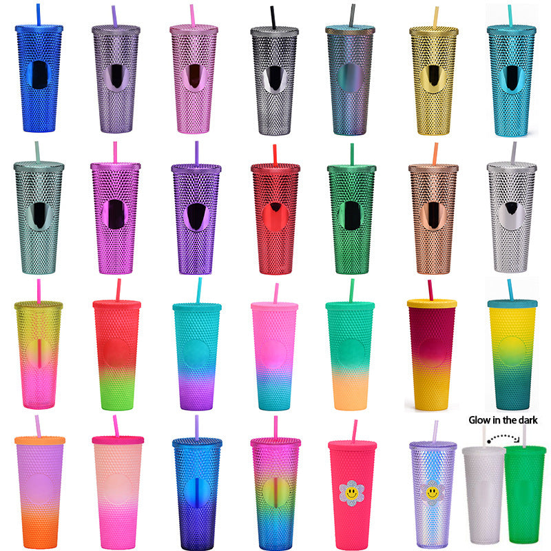 Wholesale Double-layer Plastic 710ml Durian Prick Hand Luminous Color Changing Rainbow Gradient Straw C