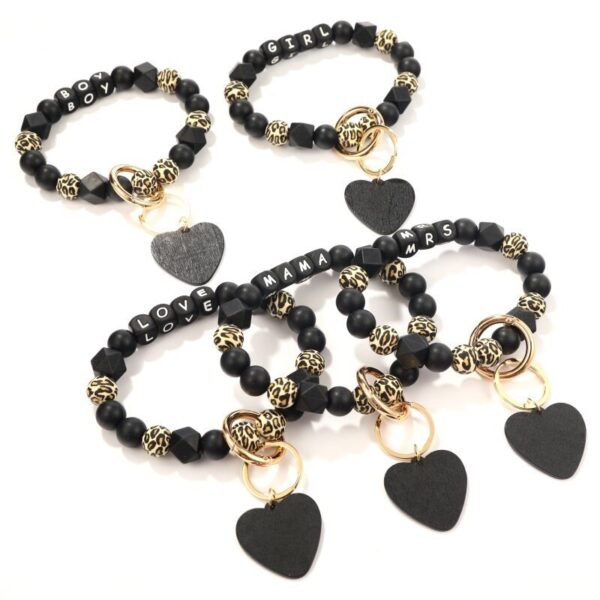 Wholesale Black Heart Leopard Pattern Silicone Beaded Wrist Key Chain