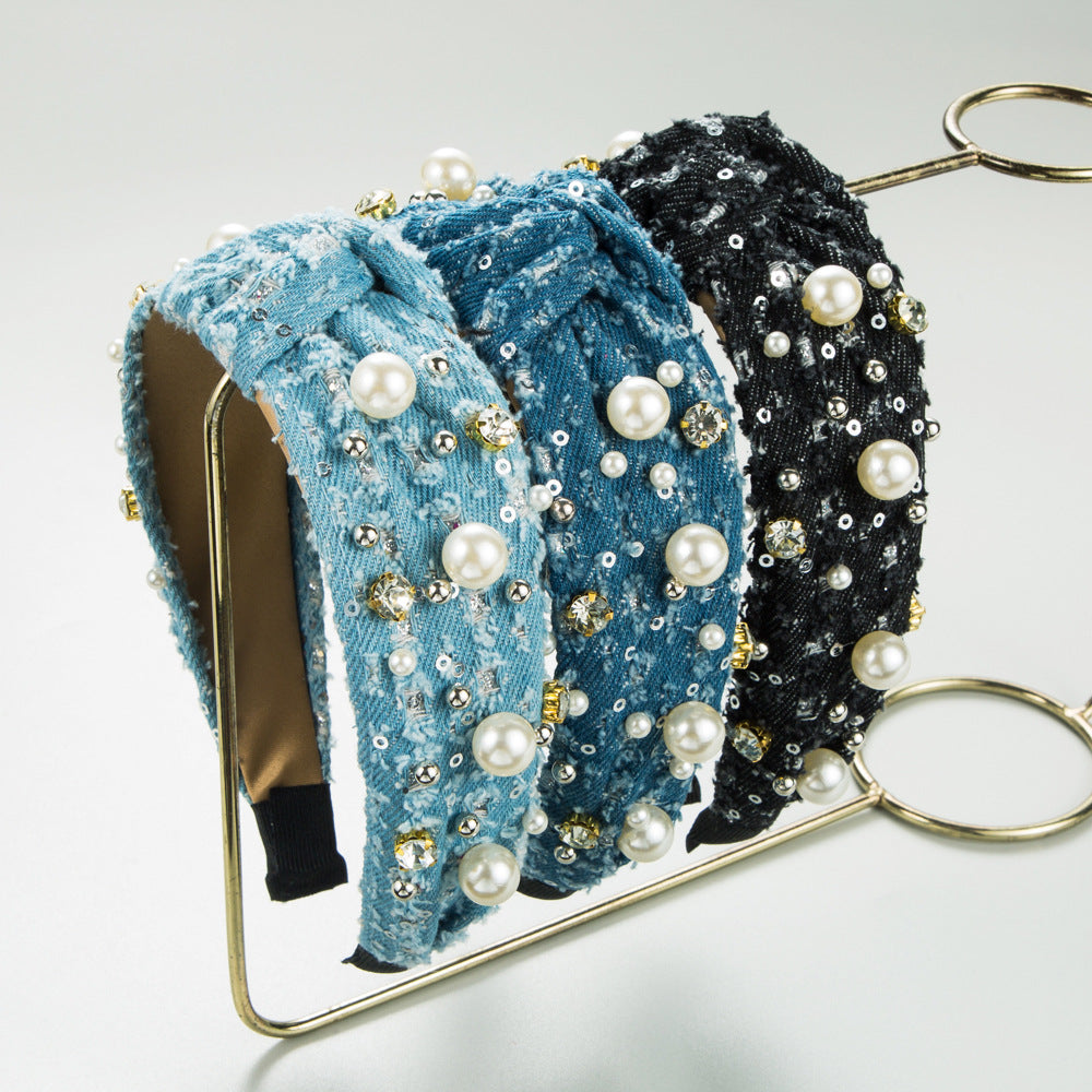 Wholesale Denim Fashion Pearl Sequin Headband