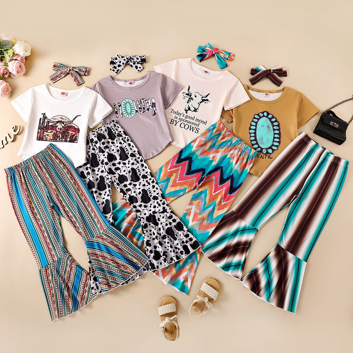 Wholesale lyester Tops Flare Pants Two Piece Chilen's Clothing Set