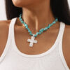 Wholesale Irregular Western Cowboy Style Natural Stone Turquoise Cross Necklace