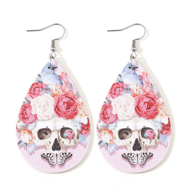 O1CN01uoaDe41ZzPzj2IbrZ_2214986983265-0-cib Wholesale Pink Rose Flower Butterfly Skull Earrings Double Sided PU Leather Water Drop Earrings