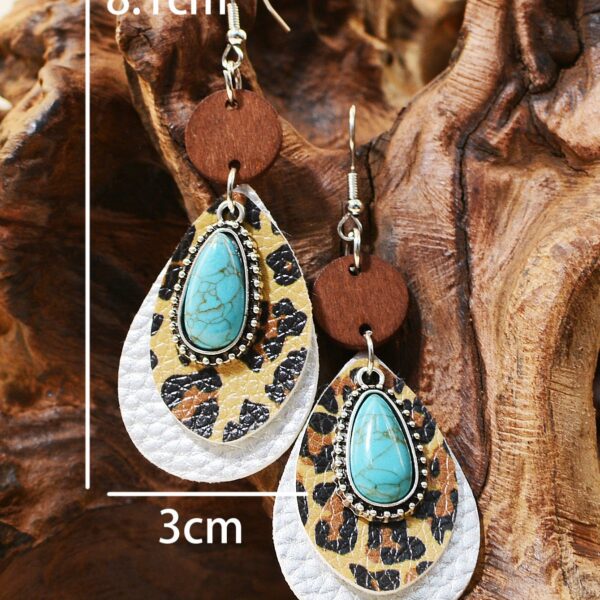 Wholesale of Western Style Multi-layer Leopard Patterned Alloy Turquoise Leather Earrings