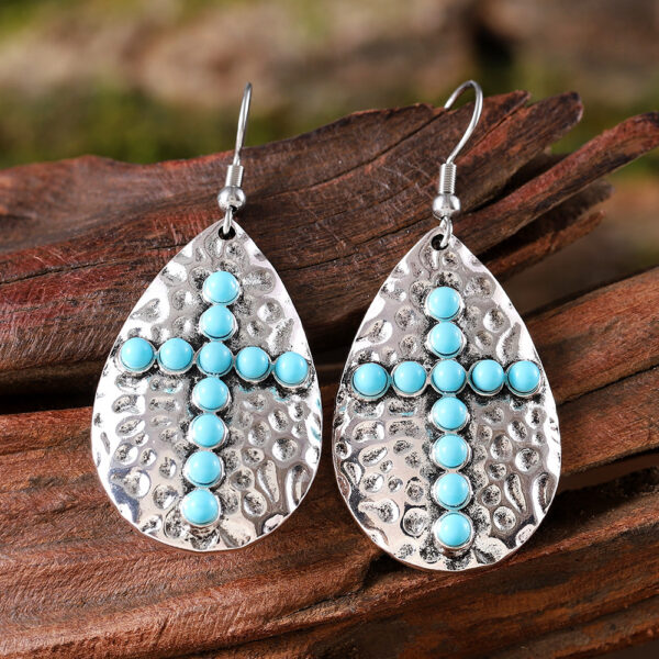 Wholesale Vintage Bohemian Geometric Drop-Shaped Turquoise Cross Pendant Earrings