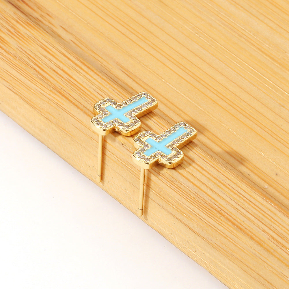 Wholesale ip Oil Inlaid Zircon Cross Earrings
