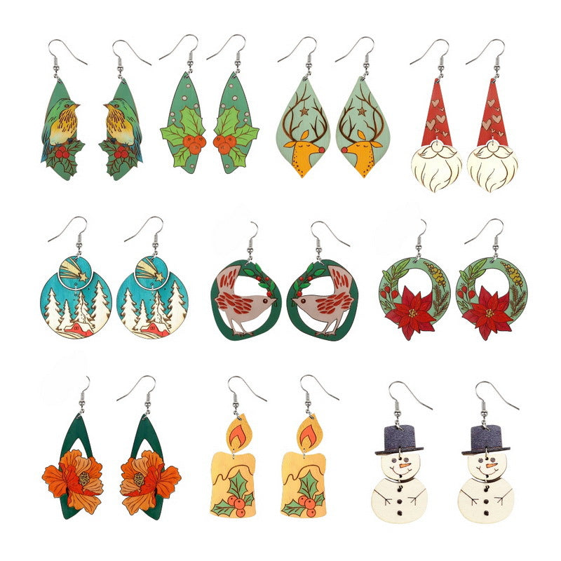 Wholesale Christmas Wooden Bird Tree Flowers Candle Snowman Earrings