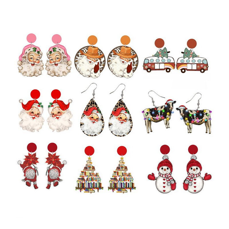 Wholesale Christmas Cow Leopard Print Christmas Tree Bus Truck Snowman Wood Earrings
