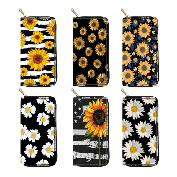 Wholesale Sunflower Long PU Zipper Printed Wallet