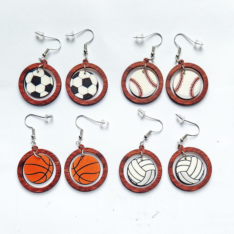 Wholesale Football World C Baseball Football Basketball Tennis Volleyball Wooden Ring Earrings