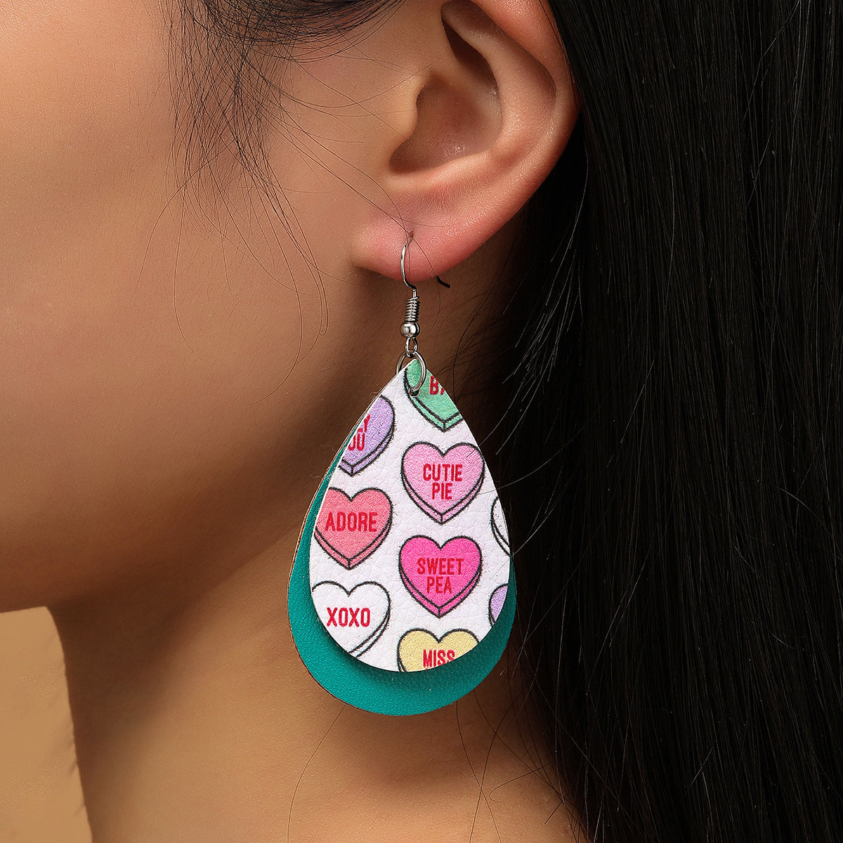 Wholesale Valentine's Day Colorful Love Letters Leather Double Layer op Shape Earrings