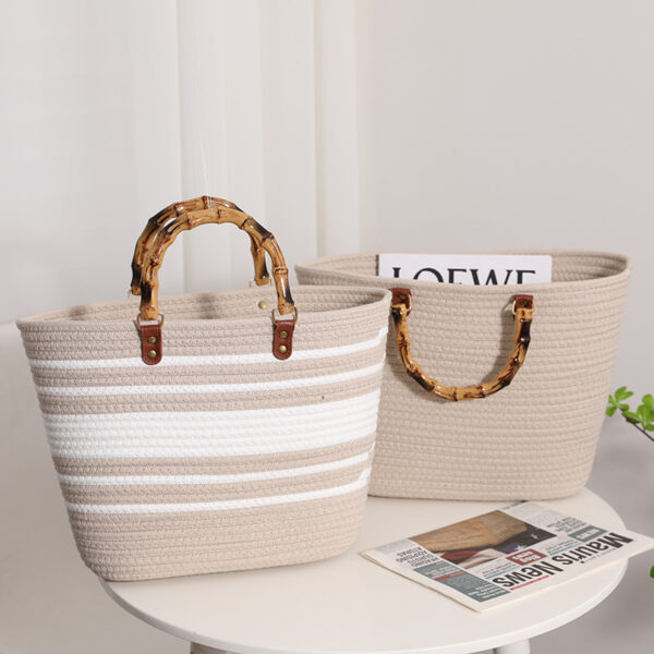 Wholesale Bamboo-like French Retro Straw Bag Portable Striped Large-capacity Cotton Woven Bag