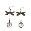 Wholesale Retro Dragonfly Stitching Colored Stone Bohemian Style Long Alloy Earrings