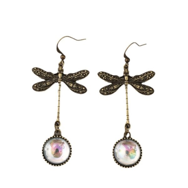 Wholesale Retro Dragonfly Stitching Colored Stone Bohemian Style Long Alloy Earrings
