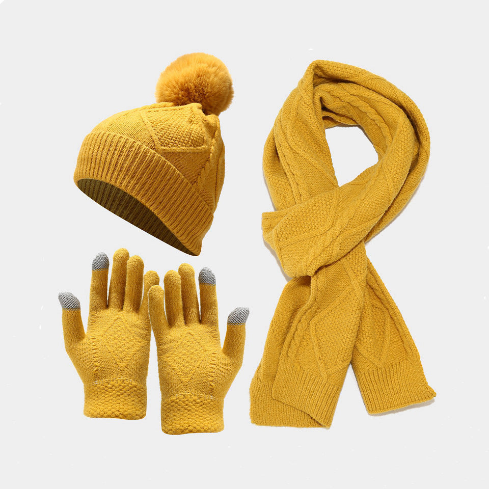 Wholesale Autumn and Winter Cold-proof and Warm Thickened Woolen Knitted f and Gloves Three-piece Set