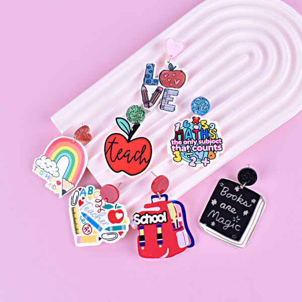 Wholesale Teacher's Day Back To School Season Pencil Rainbow Book Bag Book Red Apple Acrylic Earrings
