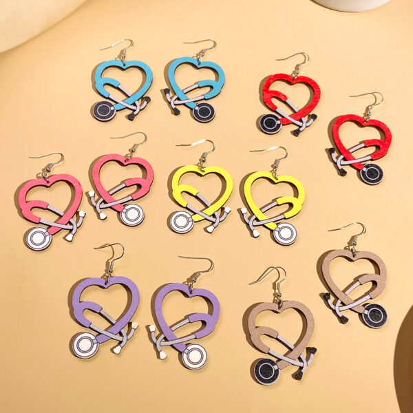 Wholesale Color Stethoscope Shaped Wooden Heart Earrings