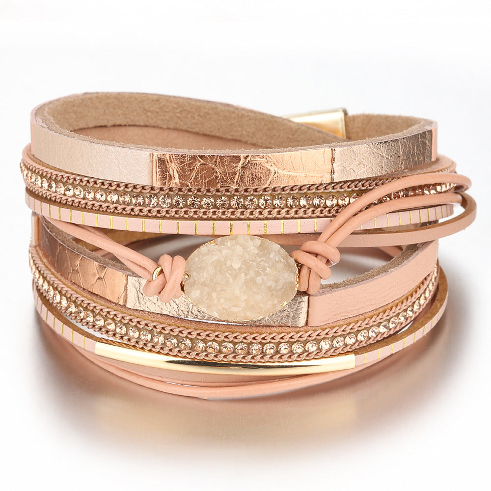 Wholesale Color Matching Elliptical Crushed Stone Magnetic Buckle Multi-layer Leather Bracelet