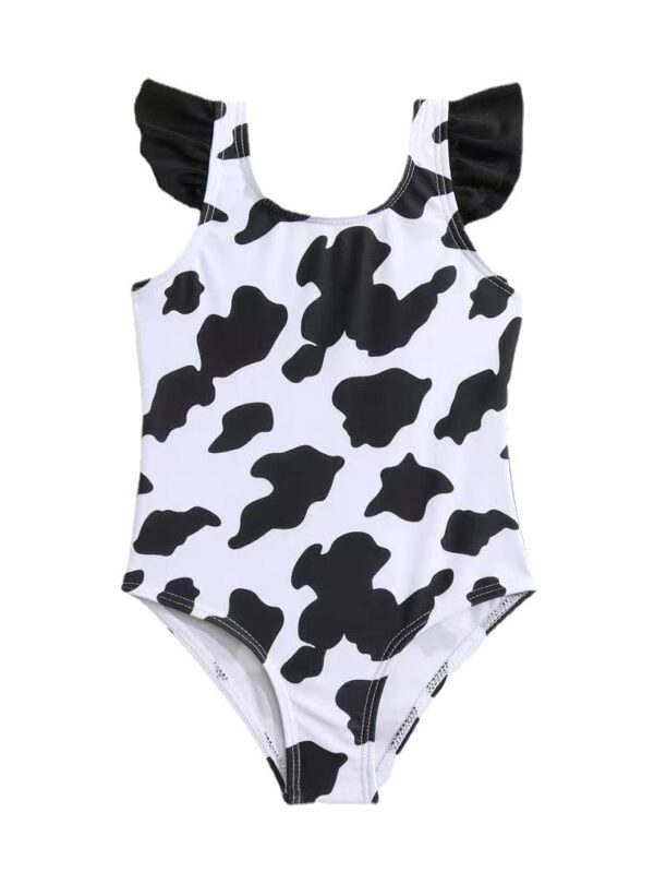 Wholesale Baby Girls Ruffles Dairy Cow Black and White Printed Bow One Piece Swimwear