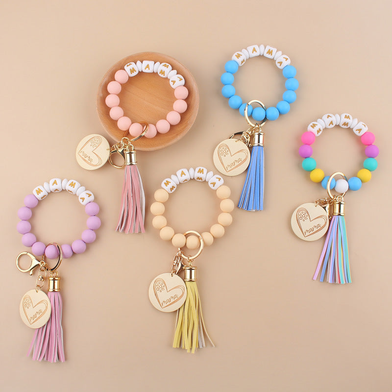 Wholesale MAMA Solid Color Silicone Beaded Wrist Keychain