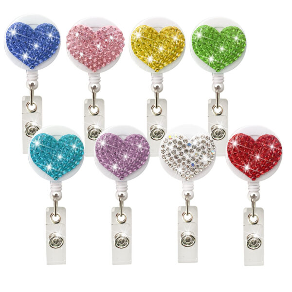 Wholesale Colorful Resin Rhinestone Love Heart Alligator Clip Retractable Keychain