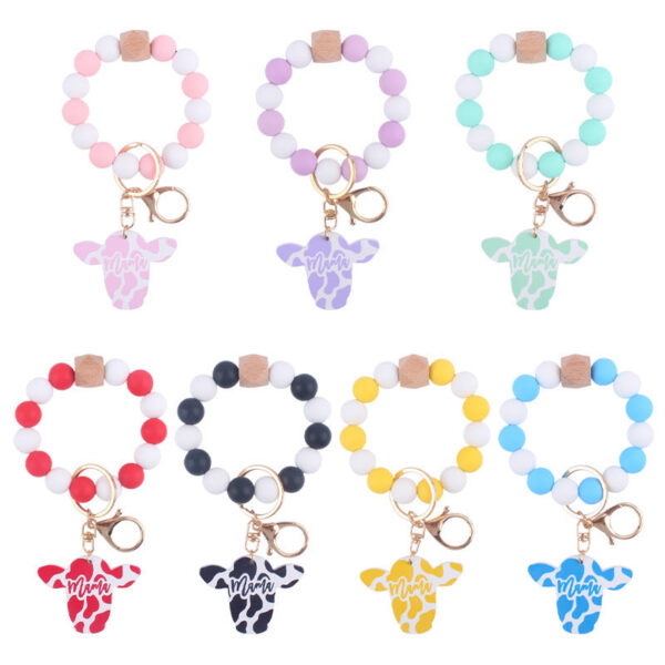 Wholesale Silicone Beads Cartoon Western Style Bull Head Wooden Sign Pendant Bracelet Keychains