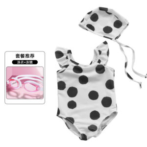 -11 black and white dot girl swimsuit with hat + 666 pink swimming goggles / M height 80-90