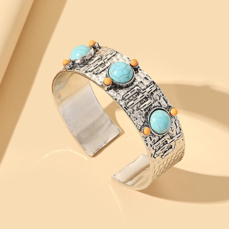 Wholesale Western Style Vintage Turquoise Cactus Carved Metal Bracelet