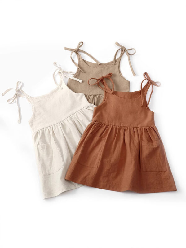 Wholesale Solid Color Cotton and Linen 2 Side Pockets Suspenders Lace-up Children's Suspender Dress