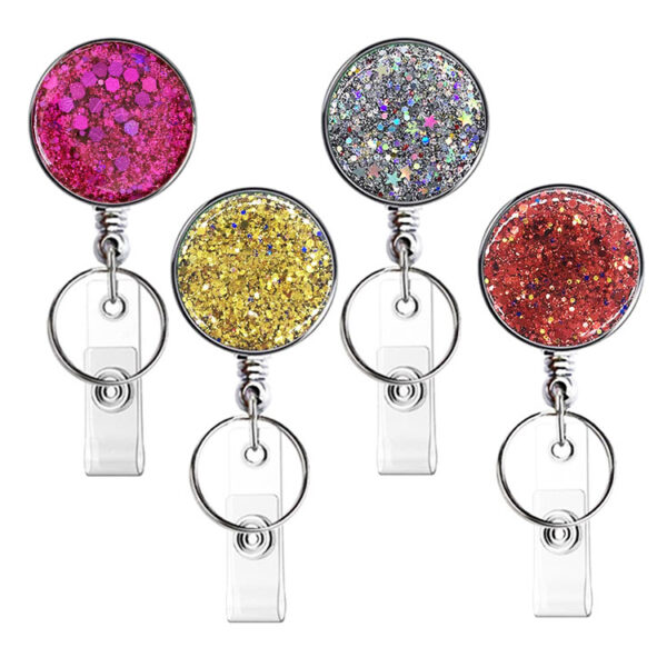 Wholesale Badge Reels UV Electroplated Resin Glitter Sequins Epoxy Badge Reel Retractable Keychain