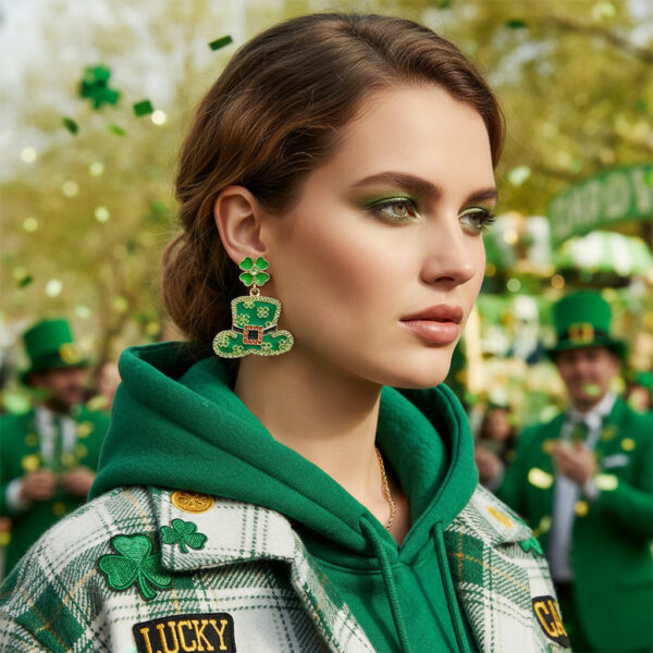 Wholesale St. Patrick's Clover Hat Alloy Oil Drop Diamond Earrings