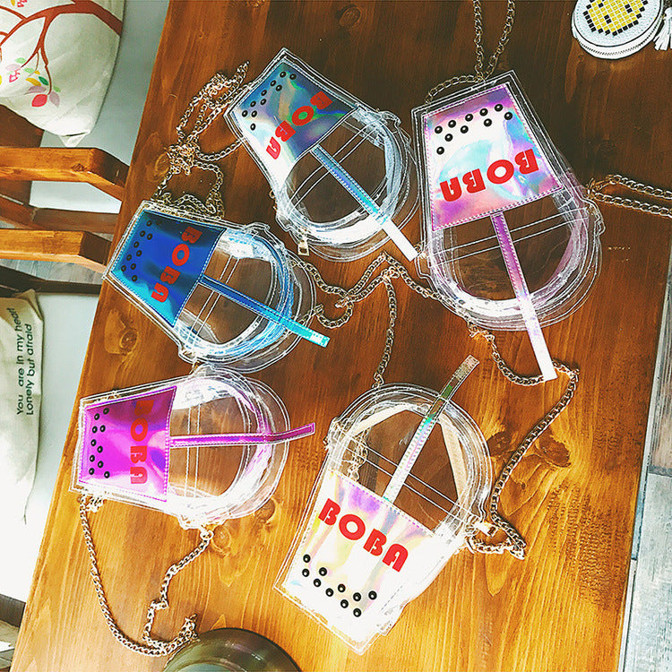 Wholesale PU Laser Chain Straw Bag