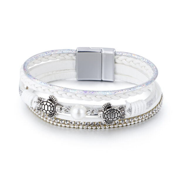 Wholesale Ethnic Style Pearl Turtle Magnetic Buckle Multi-layer PU Leather Woven Bracelet