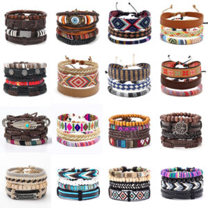 Wholesale Vintage Multilayer Alloy Wood Bead Leather Bracelet