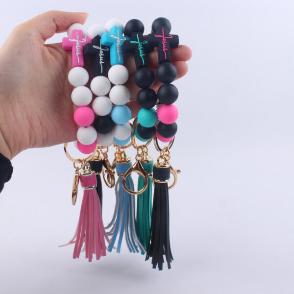 Wholesale Cartoon Silicone Cross Bead Tassel Wrist Keychain