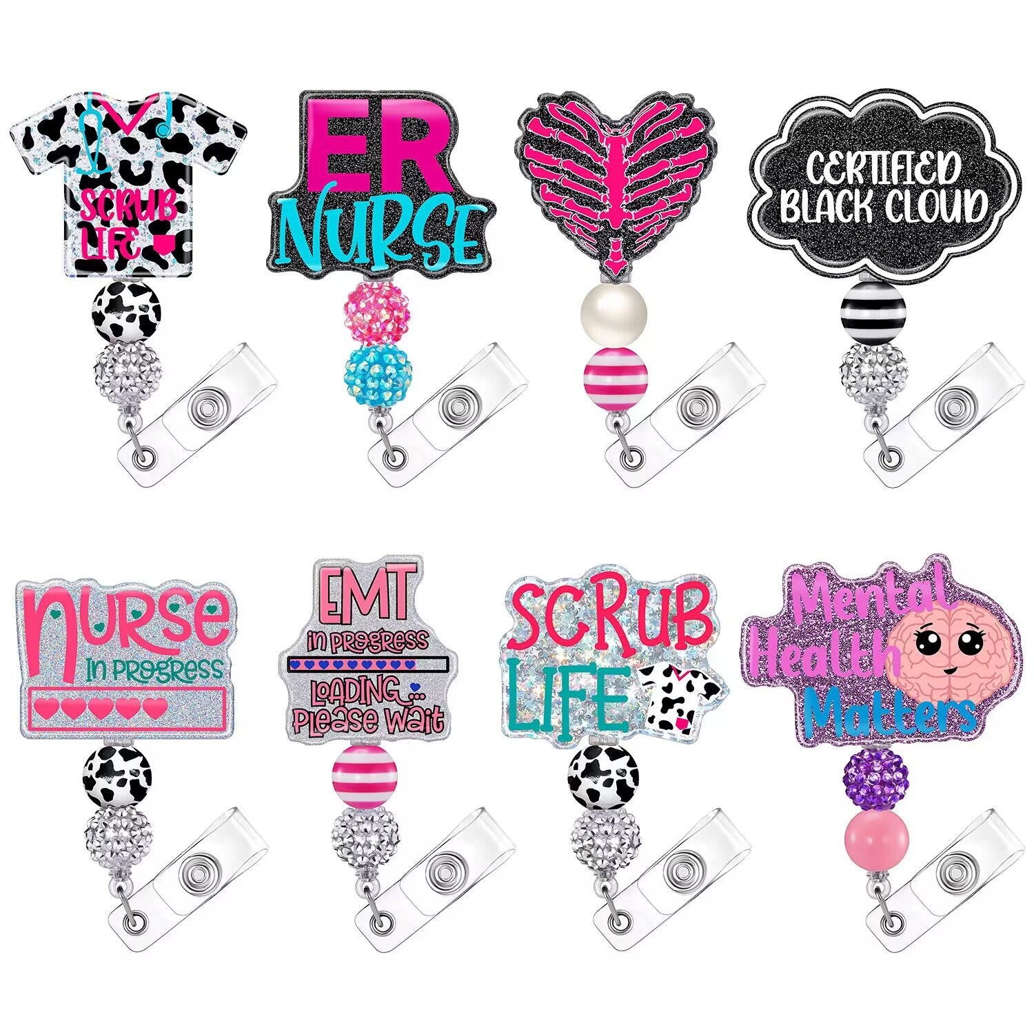 Wholesale Badge Reels Medical Series Leopard Print Cow Print Beaded Badge ABS Scroll Retractable Keychain